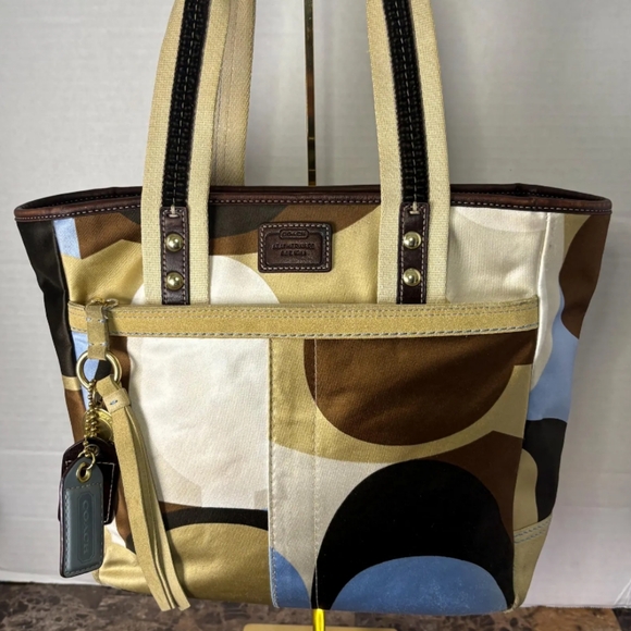 Coach Brown and Blue Satin Tote Bag - Picture 1 of 11